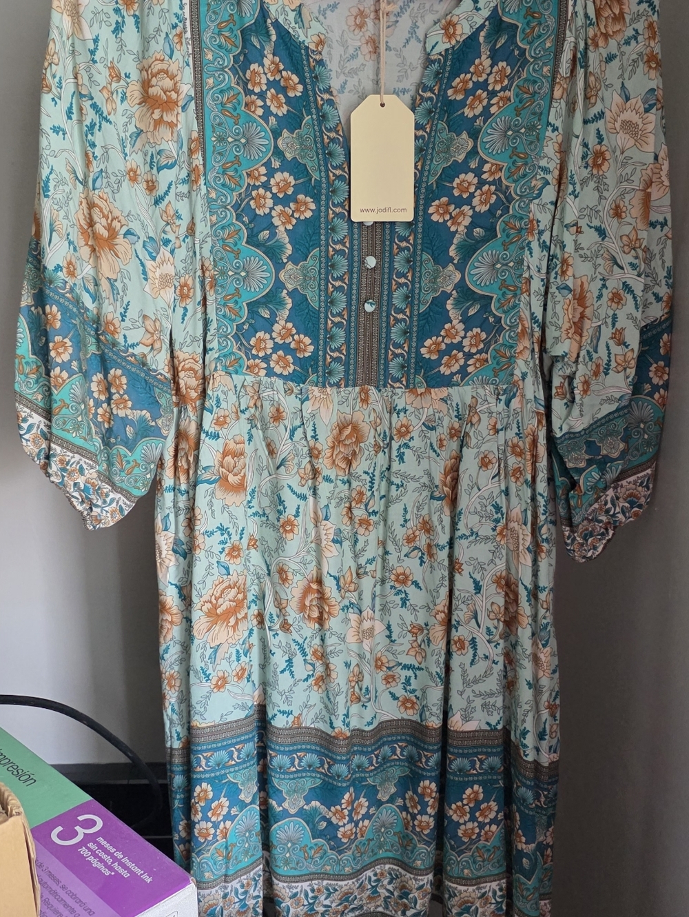 Boho Floral Tiered Midi Dress in Aqua & Teal - Picture 5 of 5